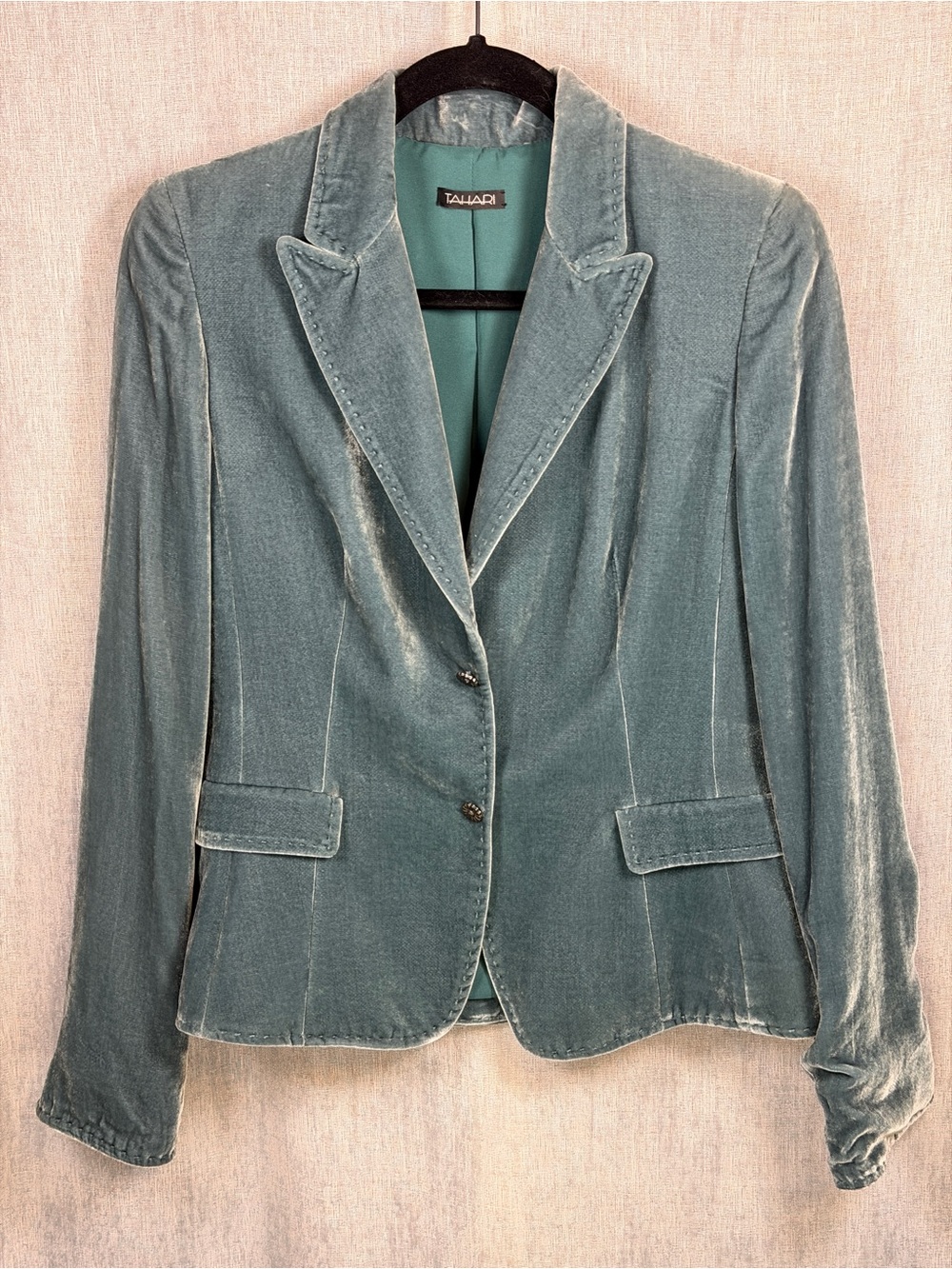 Gorgeous Tahari Silk Rayon Velvet Blazer Teal Blue 2 Button Notched Lapel Medium